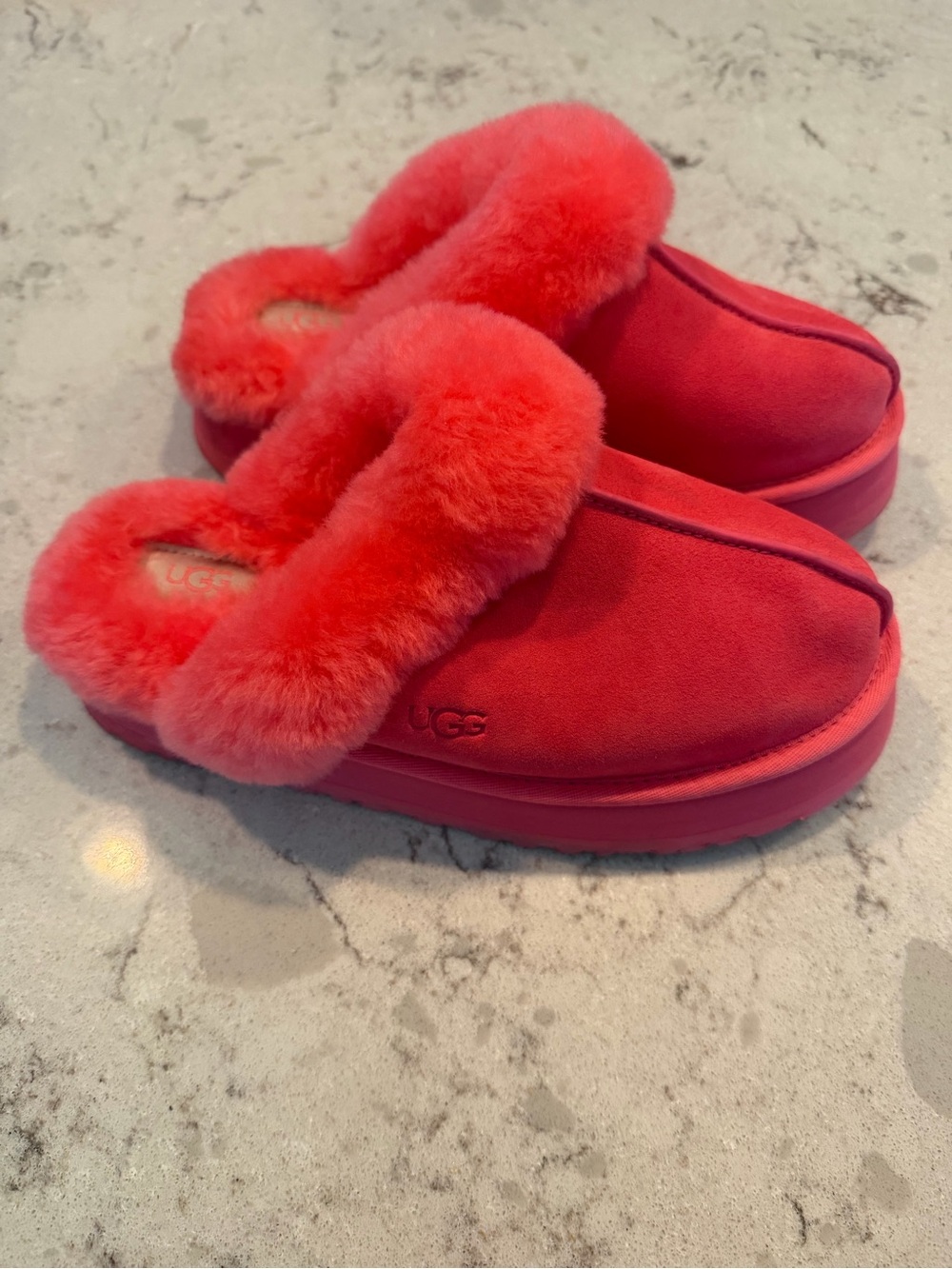 UGG Coral-Red Fuzzy Slide Slippers